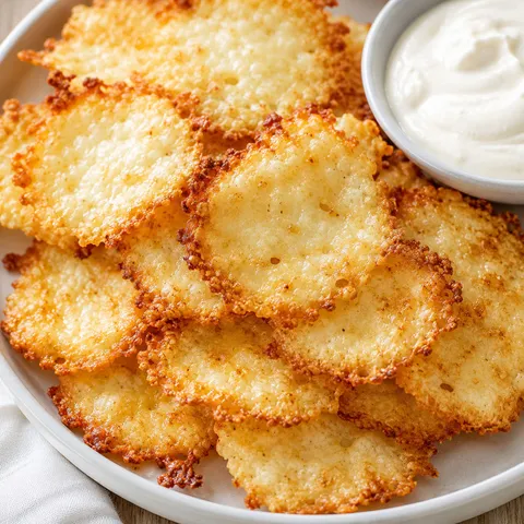 Golden cottage cheese chips stacked on a white plate with creamy dip