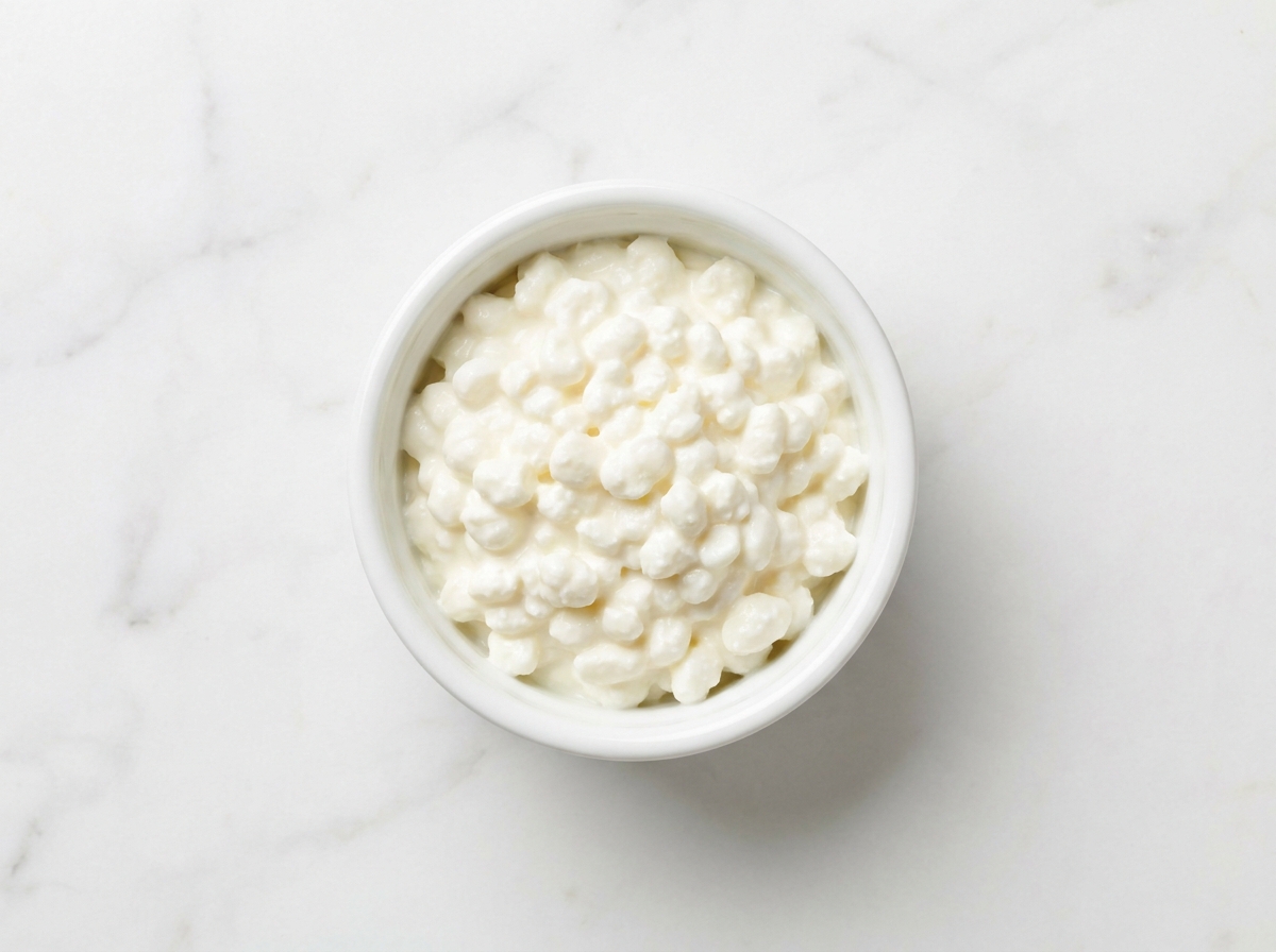 Full-fat cottage cheese in a bowl beside parchment and a spoon