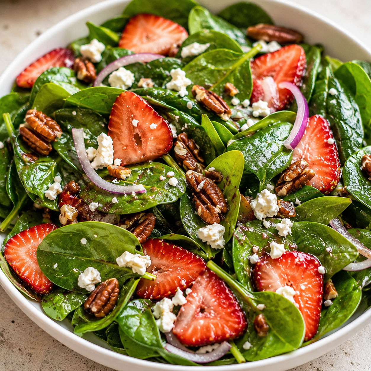 Strawberry spinach salad with feta, pecans, and balsamic dressing