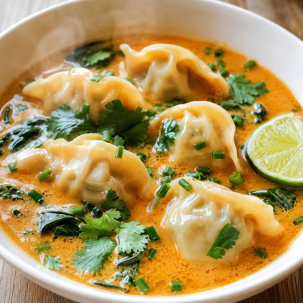 Thai coconut curry dumpling soup with herbs and lime in a bowl
