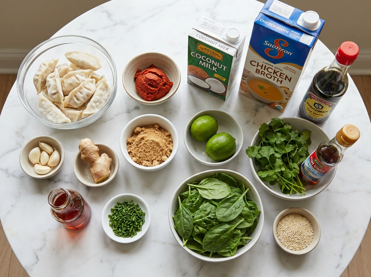 Frozen dumplings, coconut milk and Thai curry soup ingredients