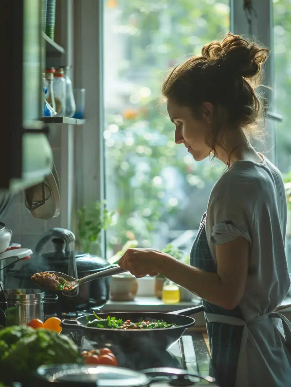 A woman in an apron is preparing a meal in a sunny kitchen filled with fresh vegetables and herbs.