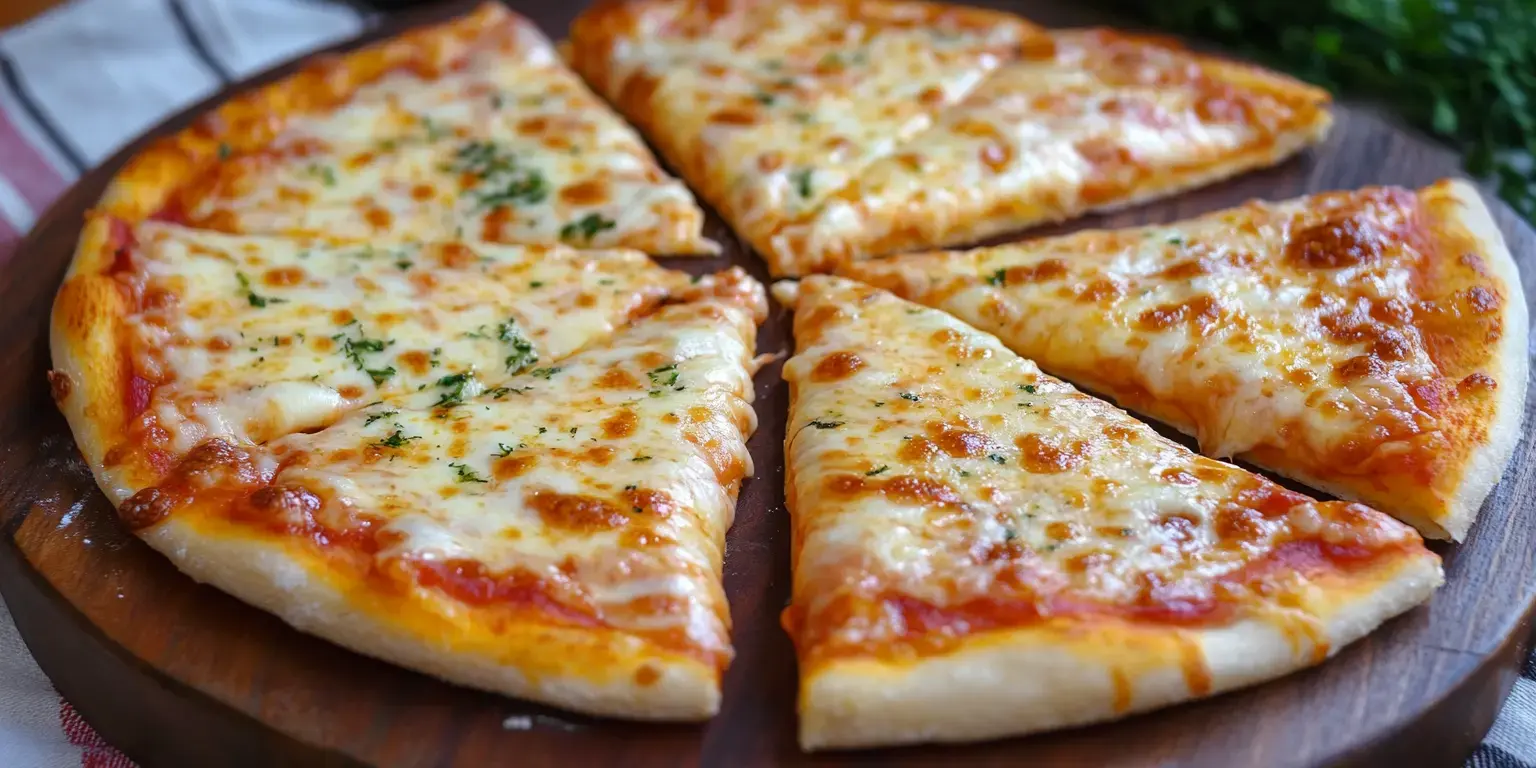 A freshly baked cheese pizza is sliced into six wedges and placed on a round wooden board.