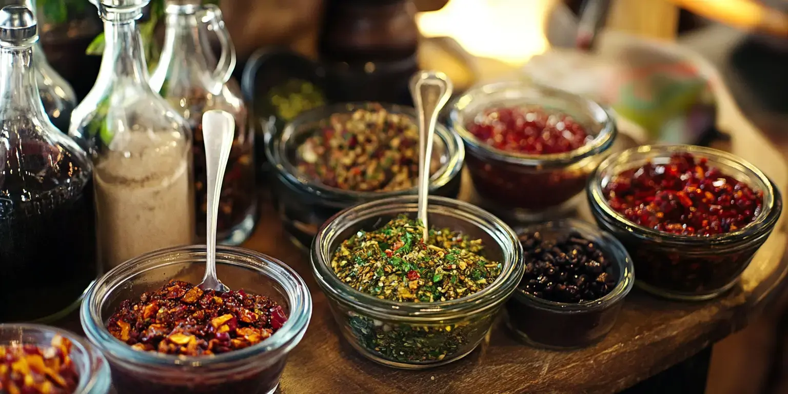 A collection of jars filled with various colorful spices and herbs is displayed on a wooden surface.