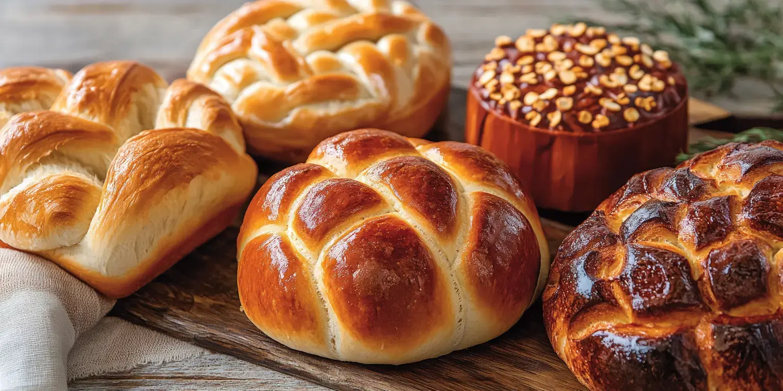 A variety of freshly baked breads, including braided loaves and a round topped cake with nuts, are presented on a wooden surface.