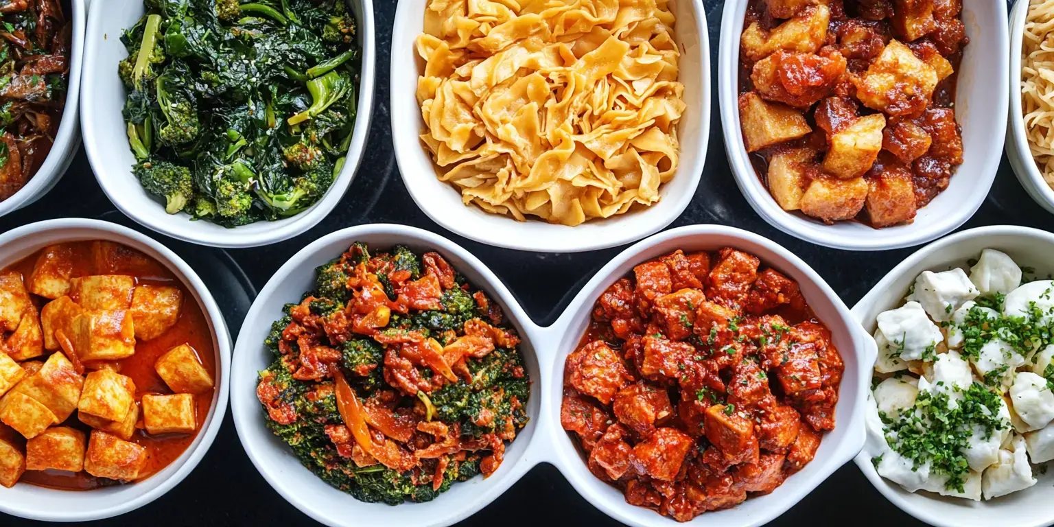 A variety of colorful dishes including noodles, vegetables, tofu, and dumplings arranged in white bowls on a dark surface.