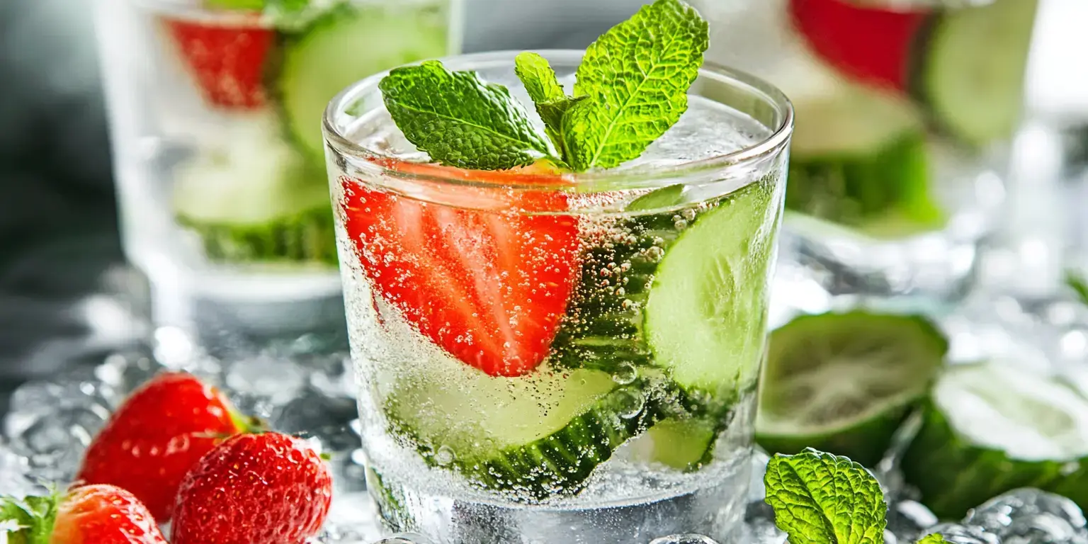 Three glasses filled with sparkling water, cucumber slices, strawberries, and mint leaves, surrounded by fresh strawberries and ice.