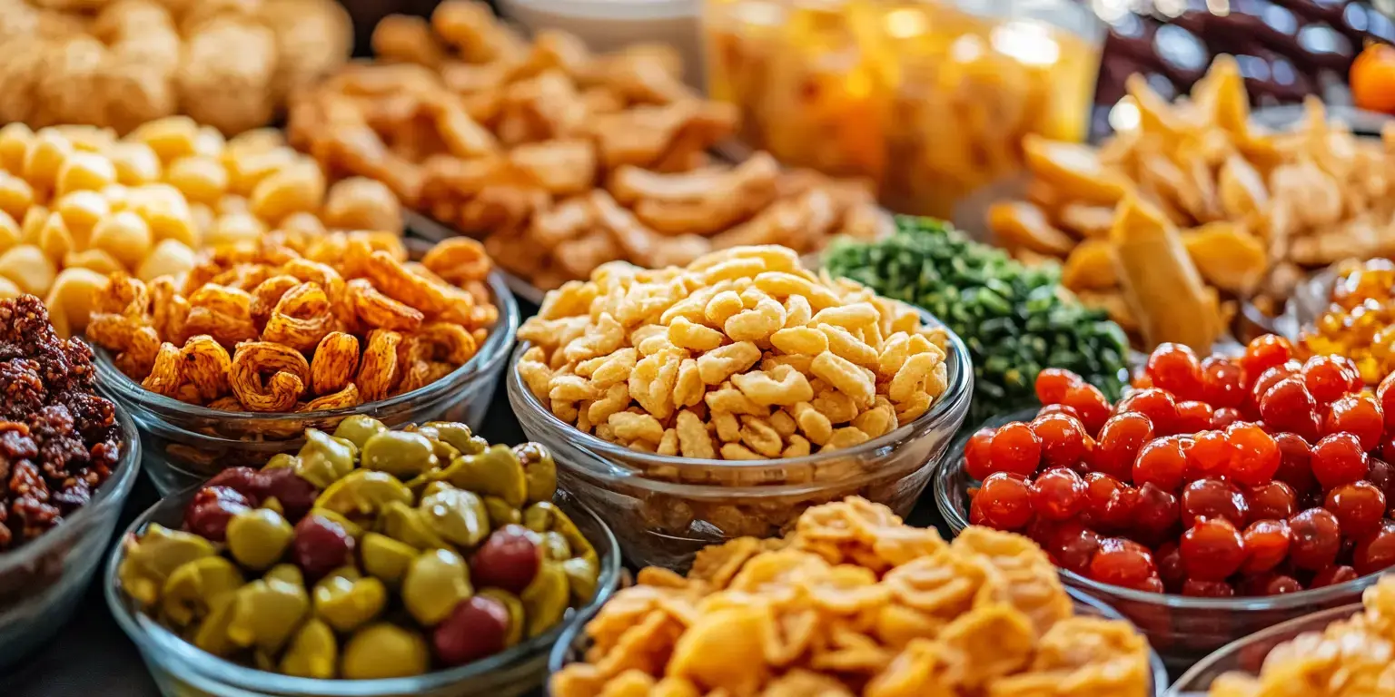 A colorful assortment of snacks in glass bowls, including dried fruits, nuts, and various crunchy treats, arranged on a table.