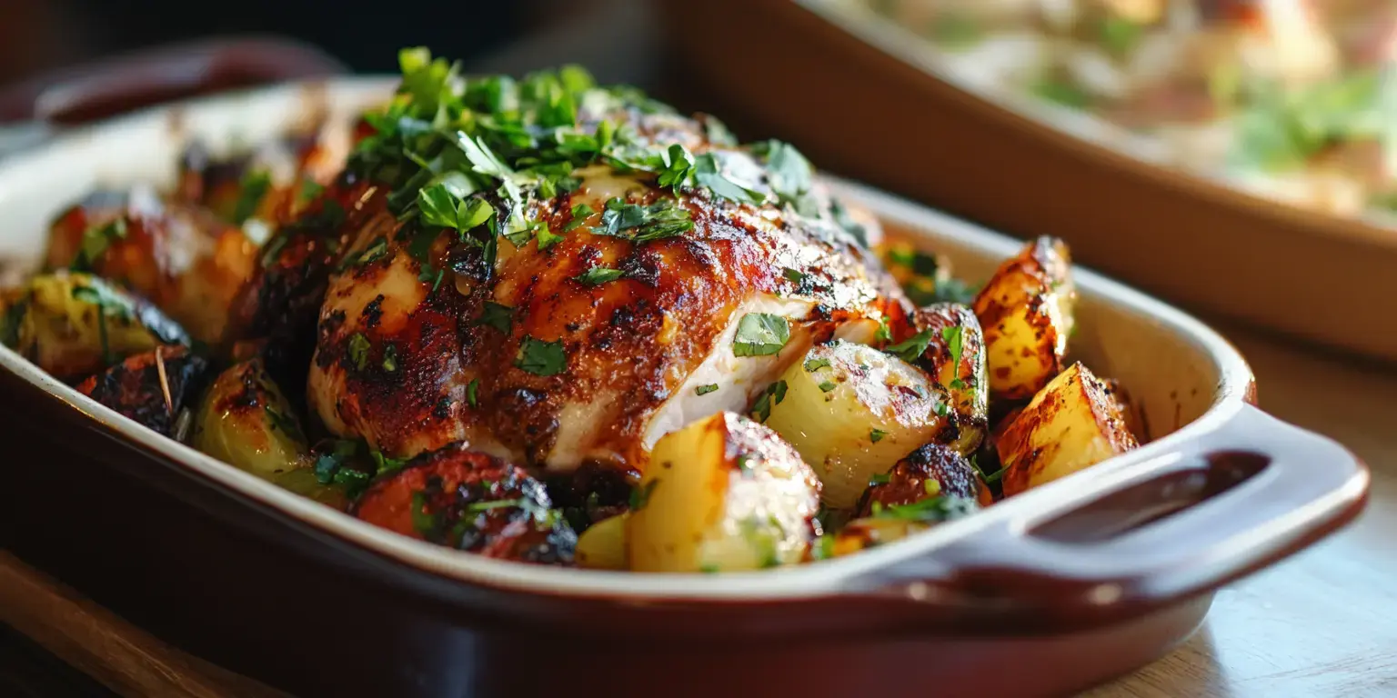 A roasted chicken dish garnished with herbs and served with browned vegetables in a casserole dish.