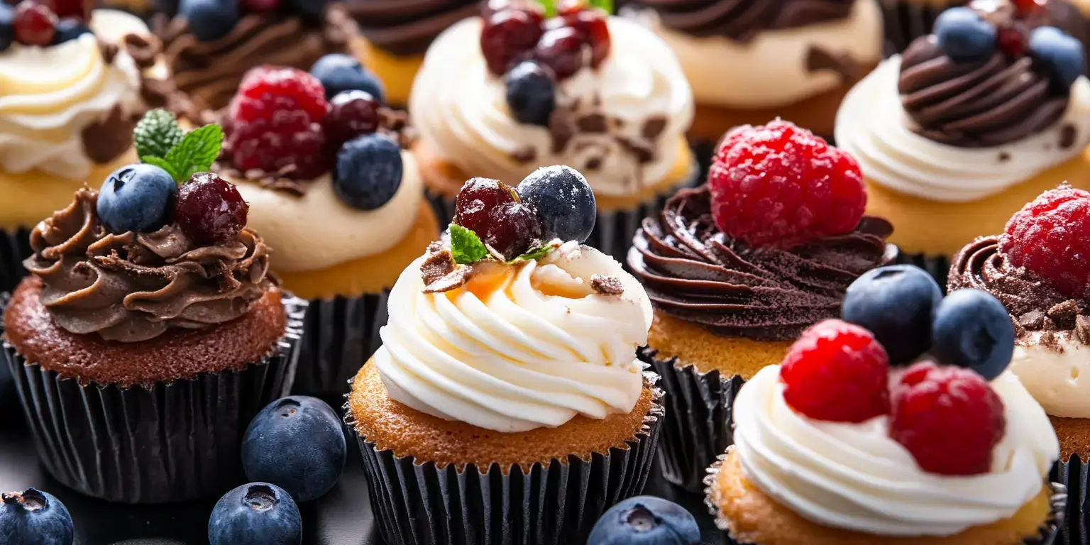 A variety of decorated cupcakes topped with chocolate frosting, fresh raspberries, and blueberries, arranged attractively on a tray.