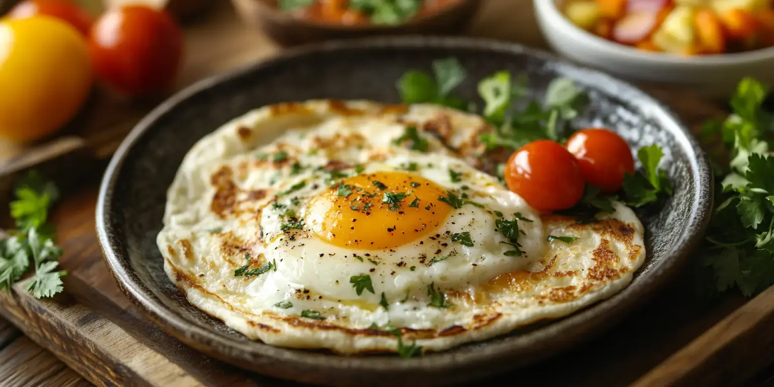 A sunny-side-up egg garnished with herbs, served alongside cherry tomatoes on a rustic plate.