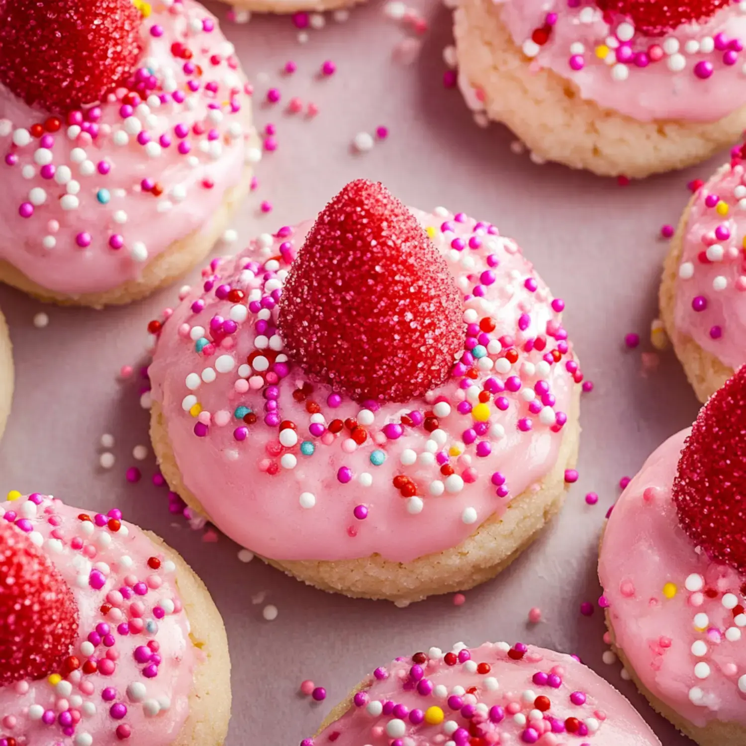 A close-up of pink frosted cookies topped with sprinkles and shaped like donuts, each featuring a red candy cone on top.