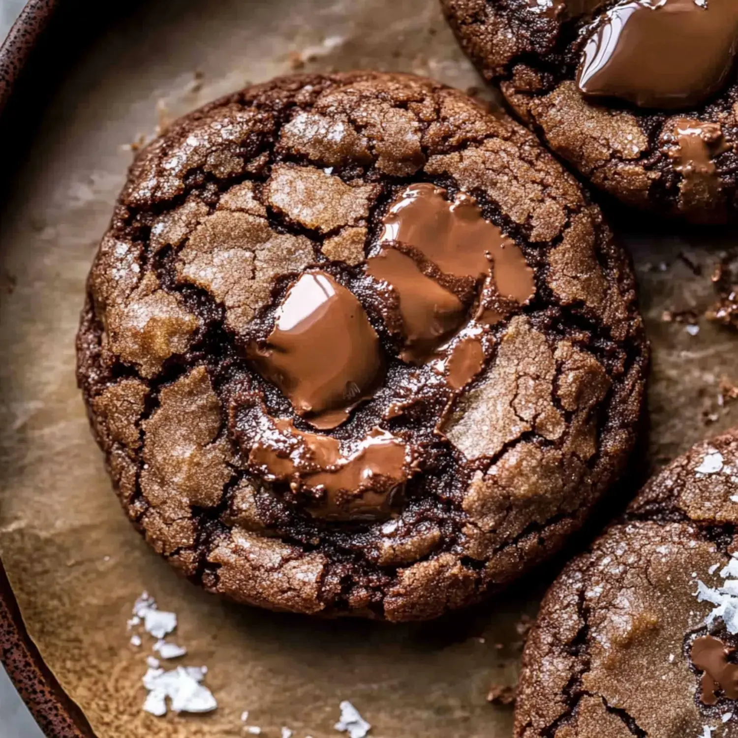 A close-up view of a chocolate cookie topped with melted chocolate on a baking sheet.