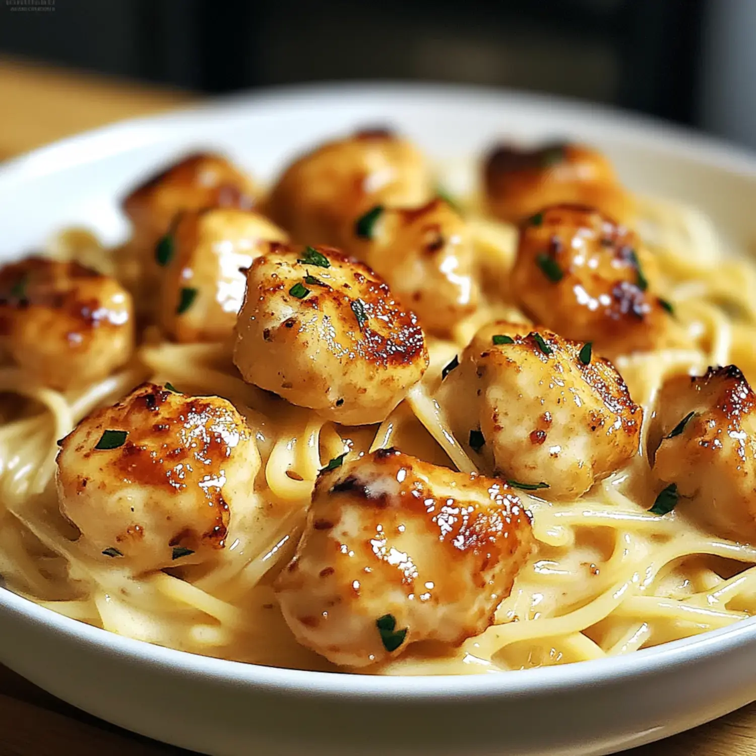 A close-up view of a bowl of creamy pasta topped with golden-brown chicken meatballs garnished with parsley.