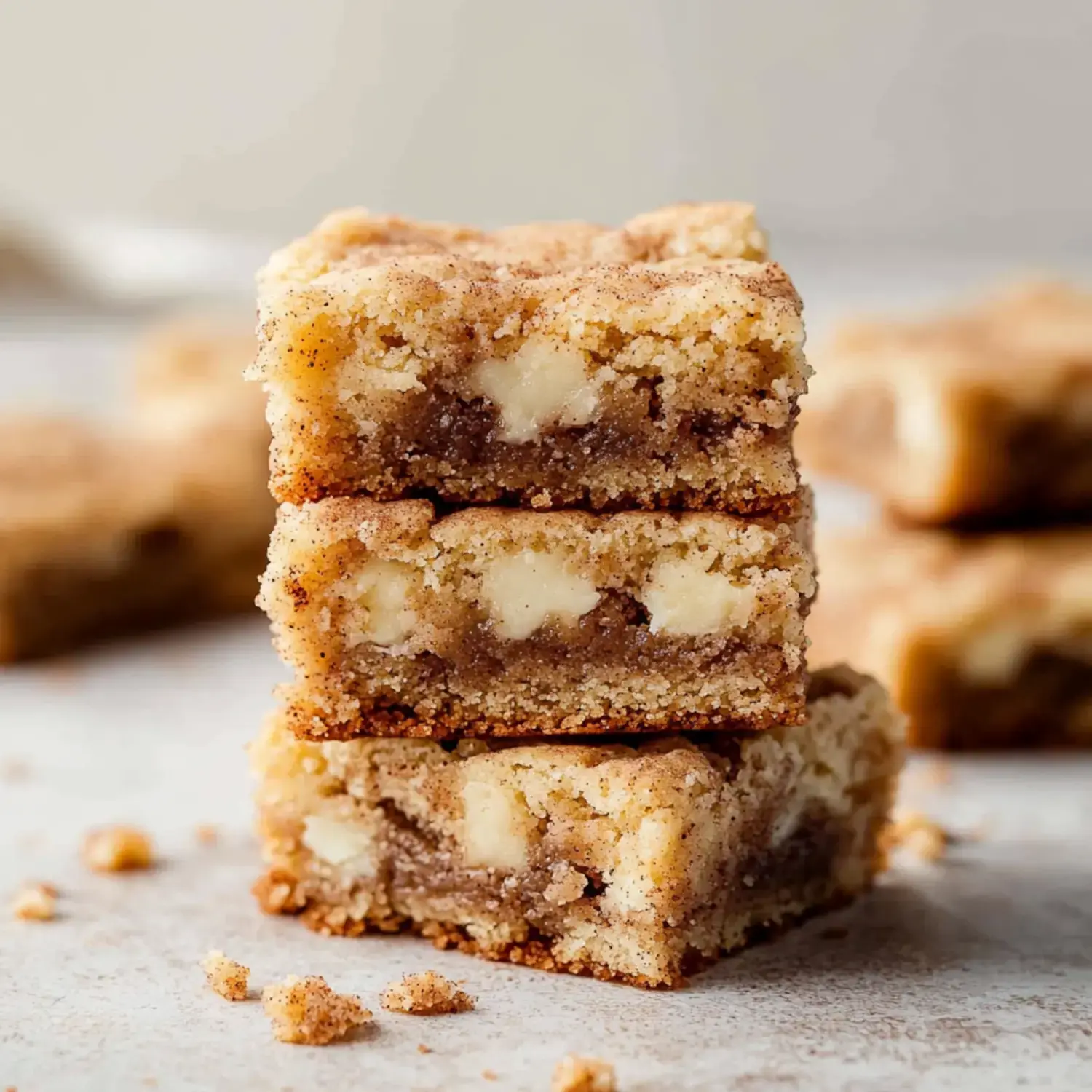 A stack of three deliciously layered dessert bars featuring a cookie-like base and a creamy chocolate filling, surrounded by scattered crumbs.