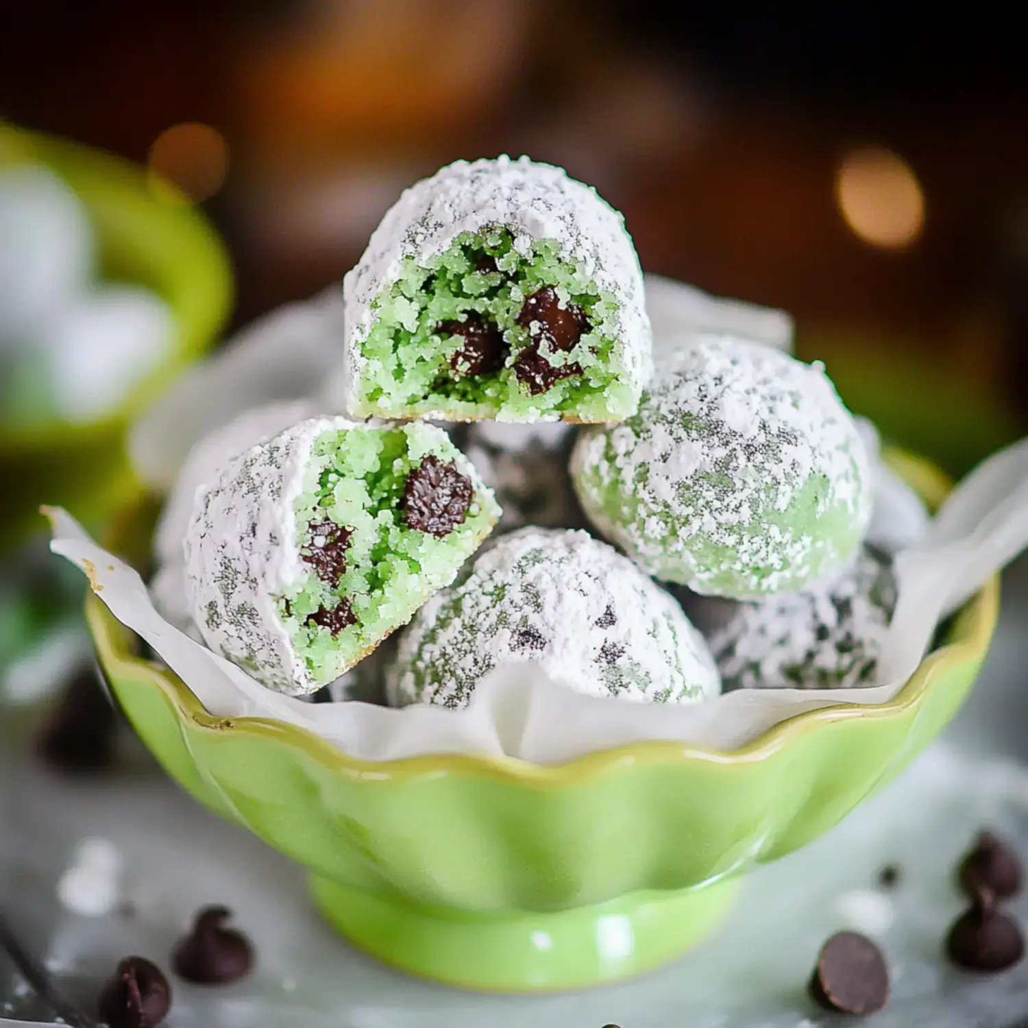 A close-up of a green dessert ball, dusted with powdered sugar, revealing a vibrant green interior with chocolate chips, in a decorative green bowl.