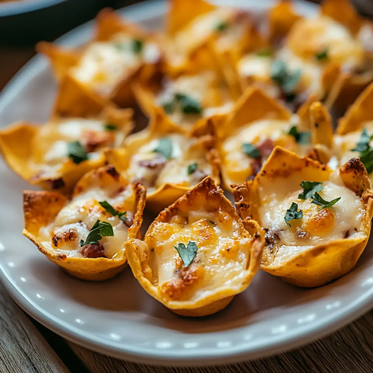 A plate of baked tortilla cups filled with melted cheese, herbs, and toppings.