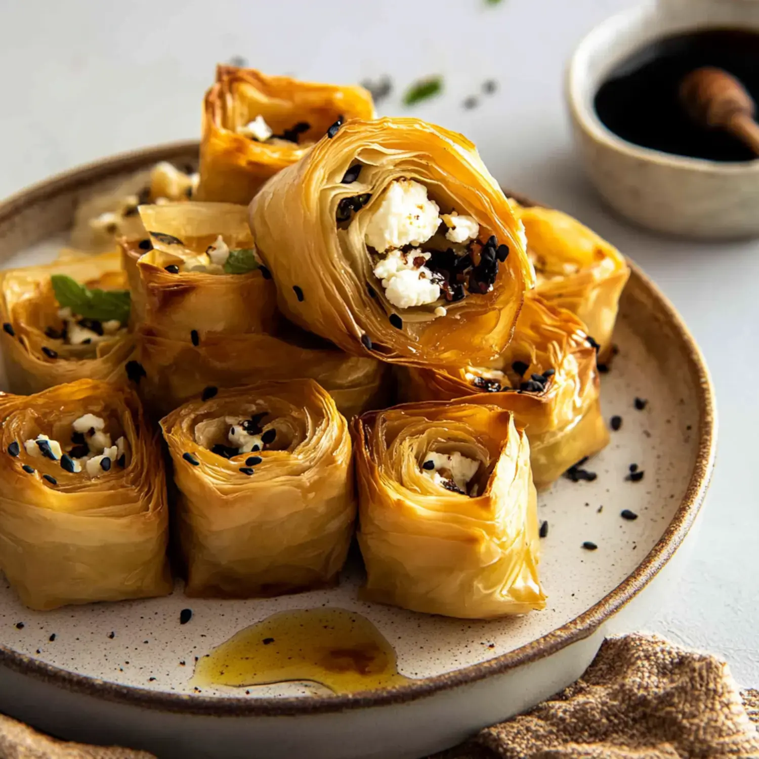 A plate of rolled filo pastry filled with cheese and topped with black sesame seeds, drizzled with oil.