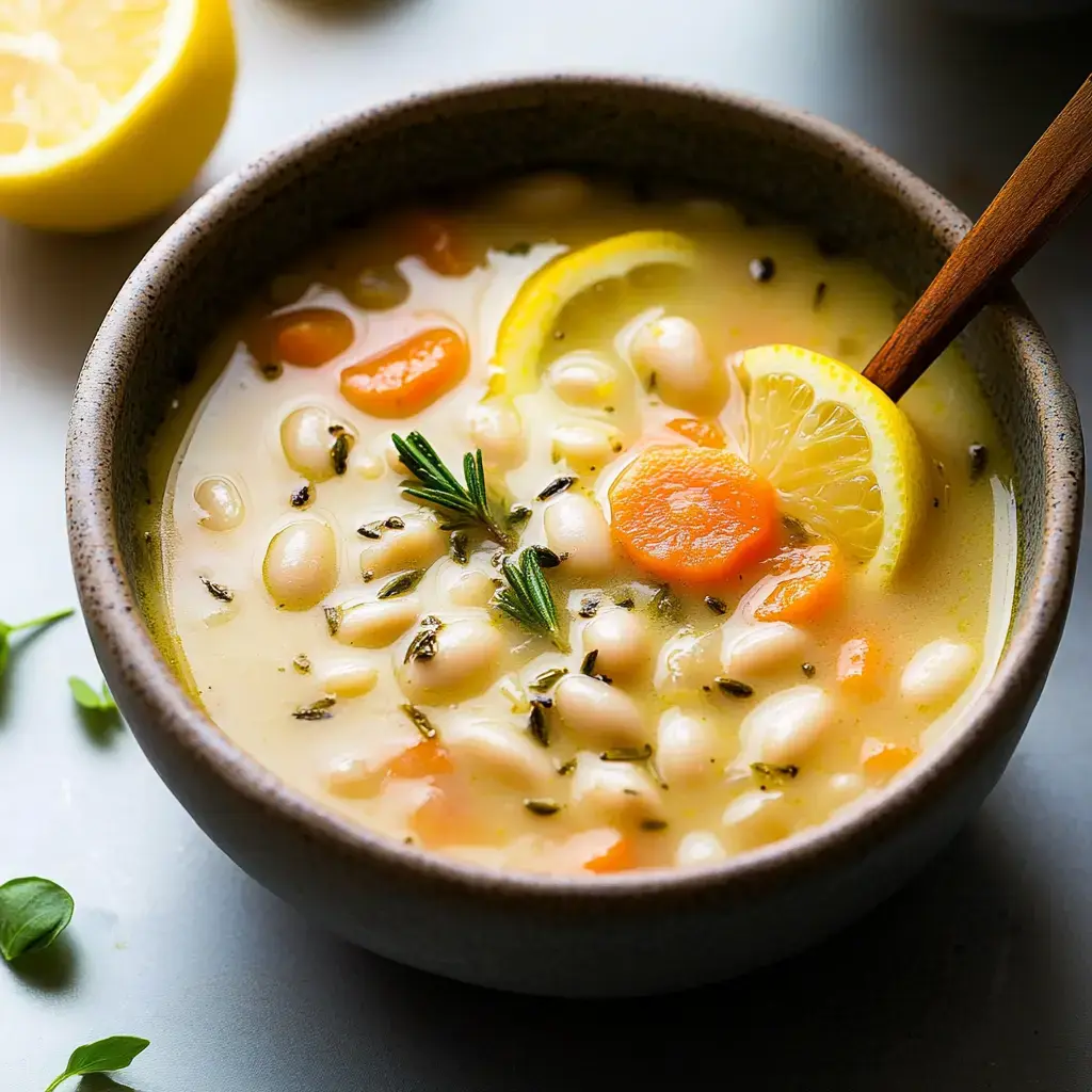 A bowl of creamy white bean soup garnished with carrots, lemon slices, and fresh herbs.