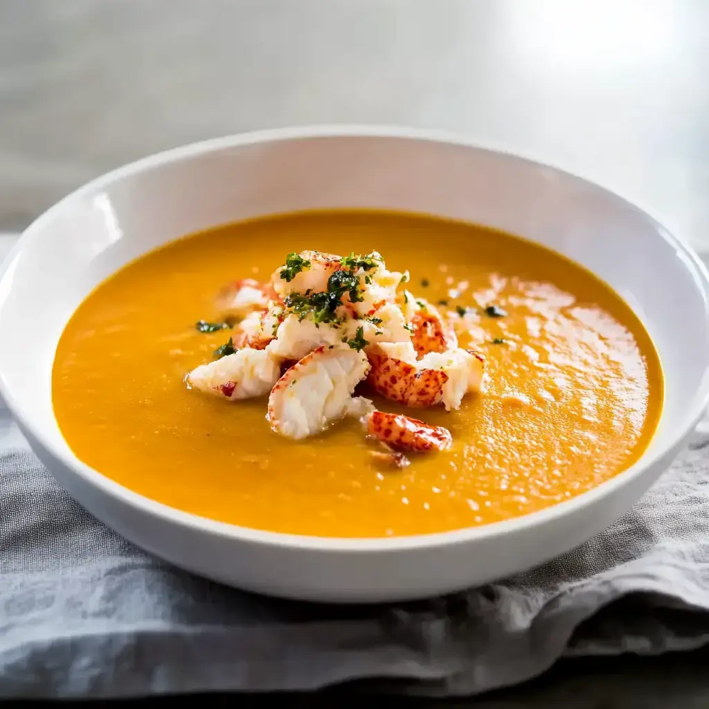 A bowl of creamy orange soup topped with chunks of lobster and garnished with fresh herbs.