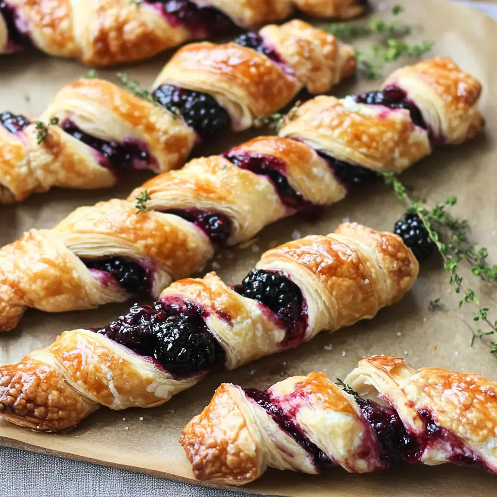 A close-up of twisted pastry filled with blackberry jam, garnished with fresh thyme and placed on parchment paper.