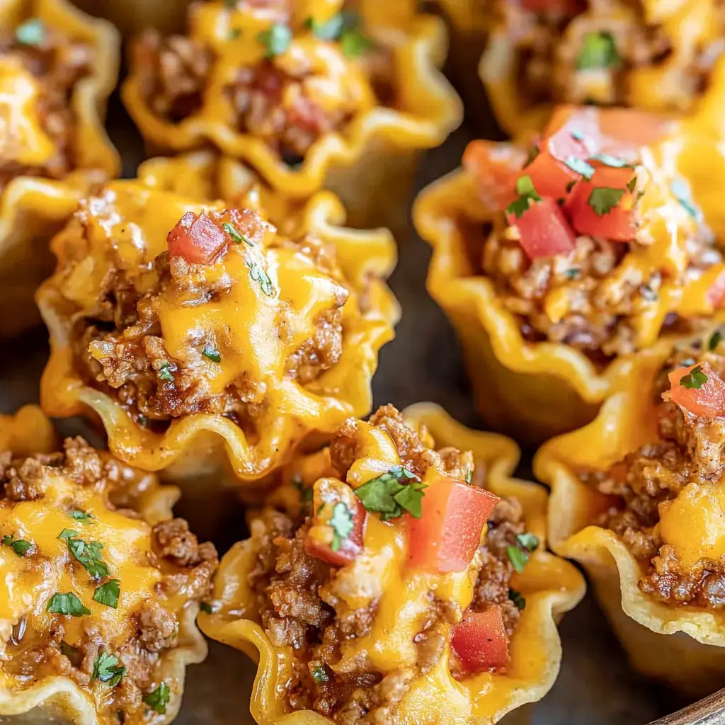 A close-up of small taco cups filled with seasoned meat, melted cheese, diced tomatoes, and green garnish.