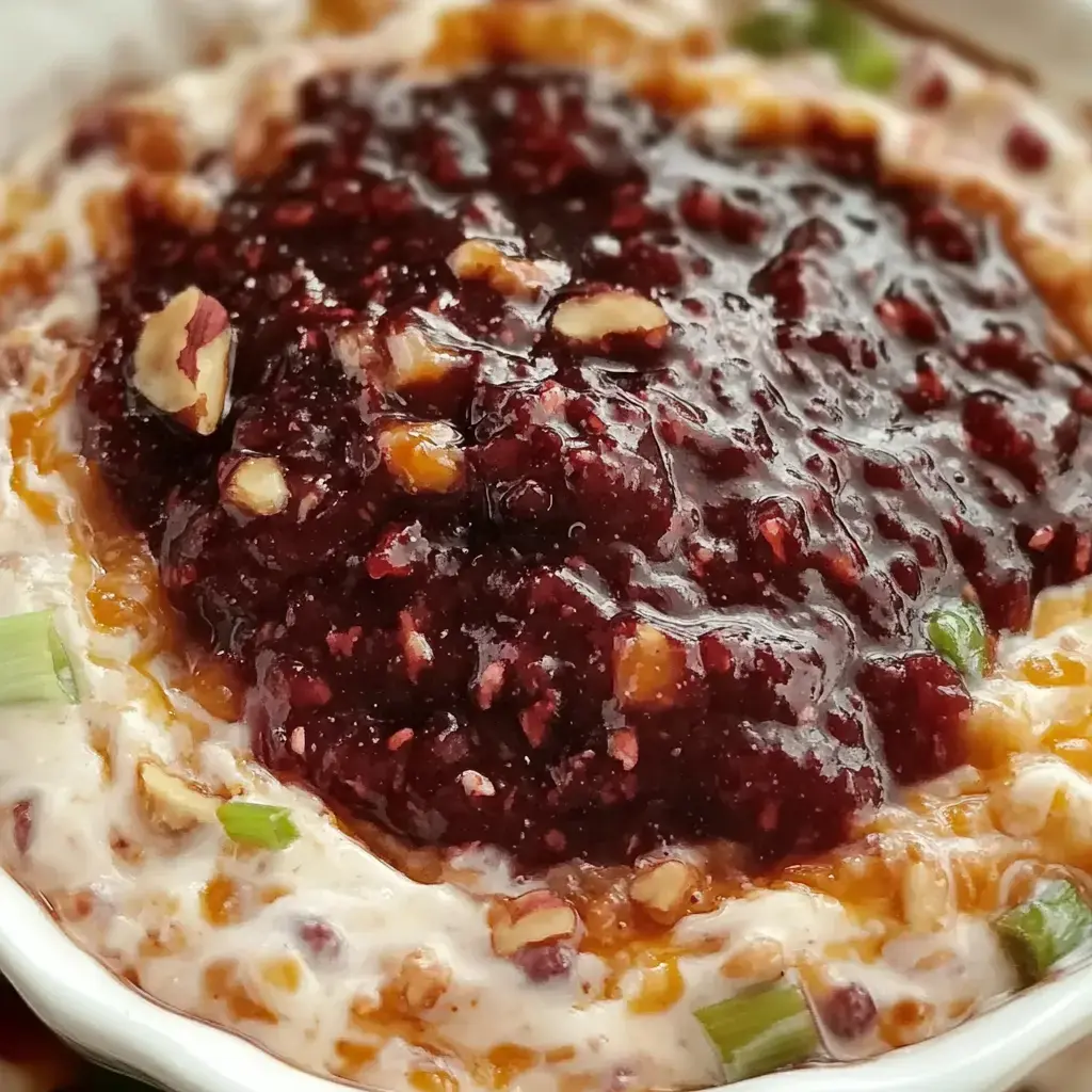 A bowl of creamy dip topped with a layer of dark, chunky sauce and chopped nuts, garnished with green onions.