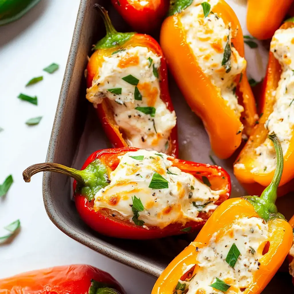 A baking dish filled with stuffed mini red and yellow peppers topped with herbs and cheese.