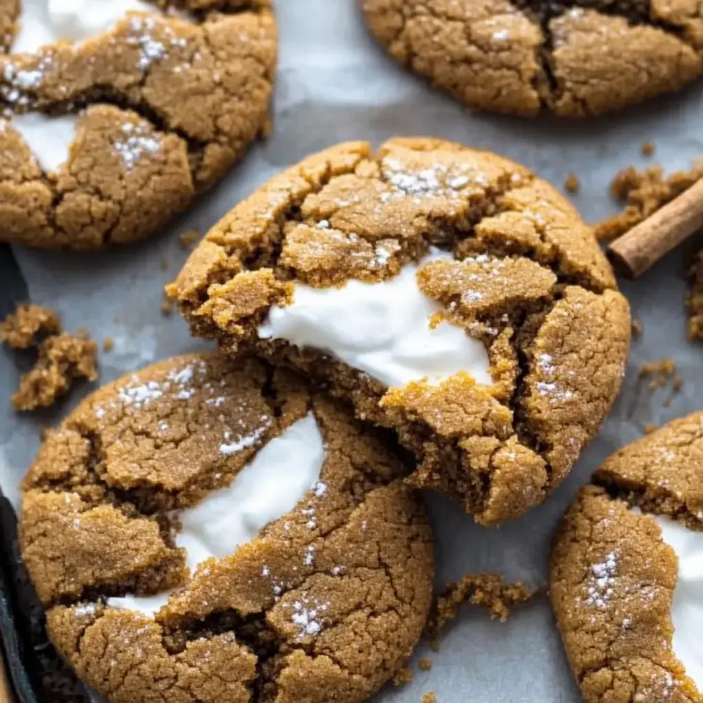 A close-up of freshly baked, cracked ginger cookies filled with a creamy white center, surrounded by crumbs on parchment paper.