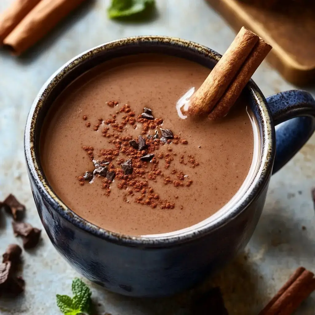 A close-up of a mug filled with creamy hot chocolate, topped with cinnamon sticks and chocolate shavings.