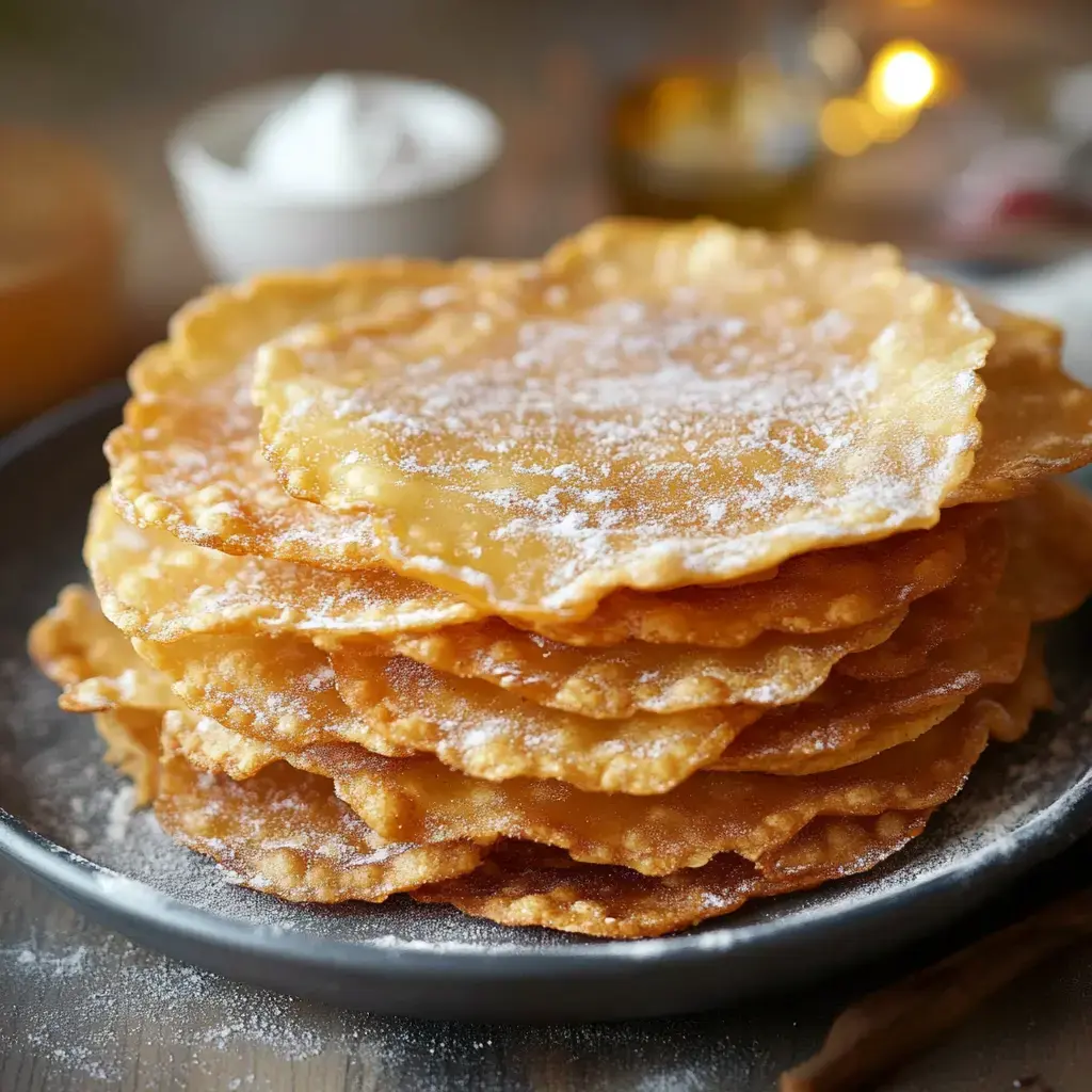 A stack of lightly dusted, golden fried pastries on a dark plate, with a small dish of whipped cream in the background.