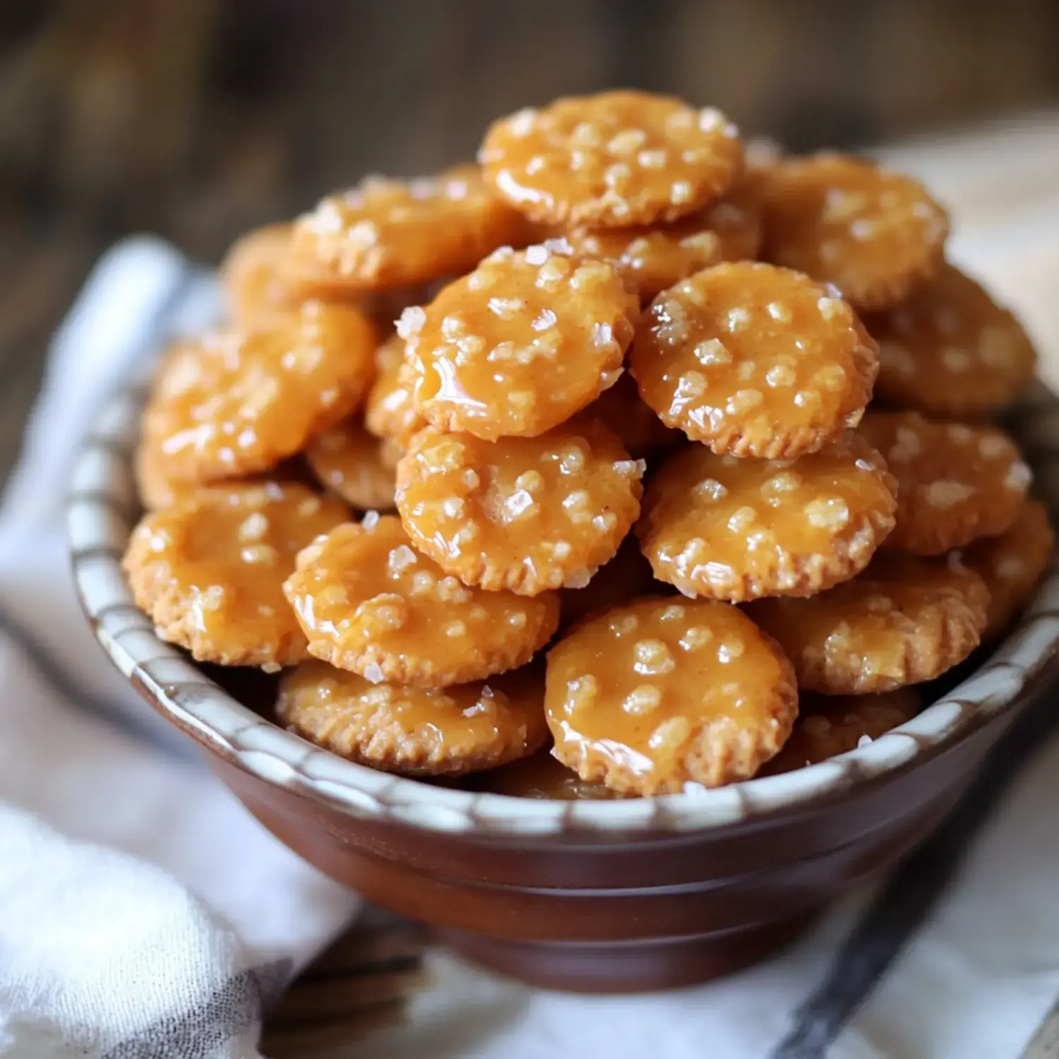 A brown bowl overflowing with round, golden crackers topped with a shiny caramel glaze and sprinkled with coarse salt.