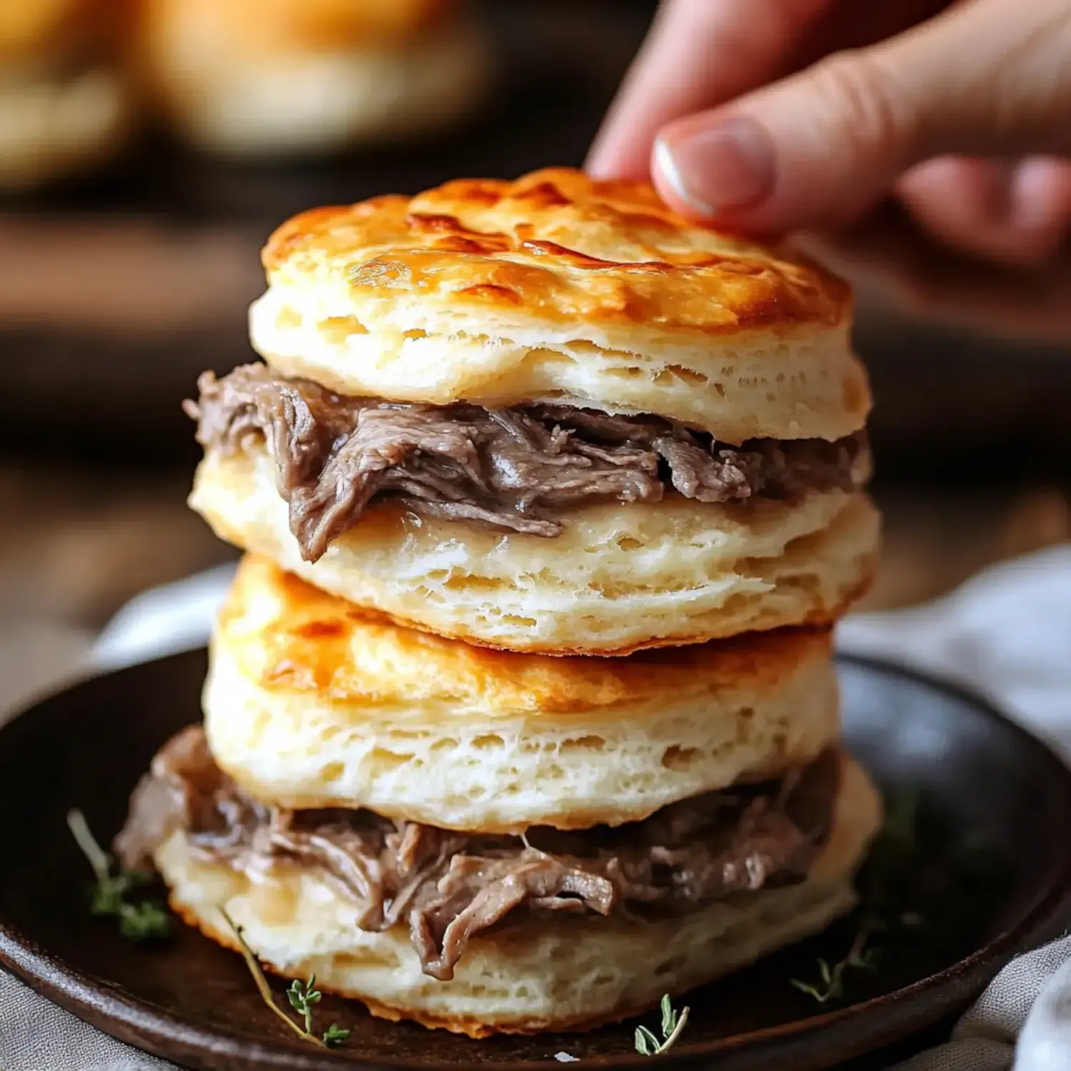 A stack of flaky biscuits filled with tender shredded beef on a dark plate.