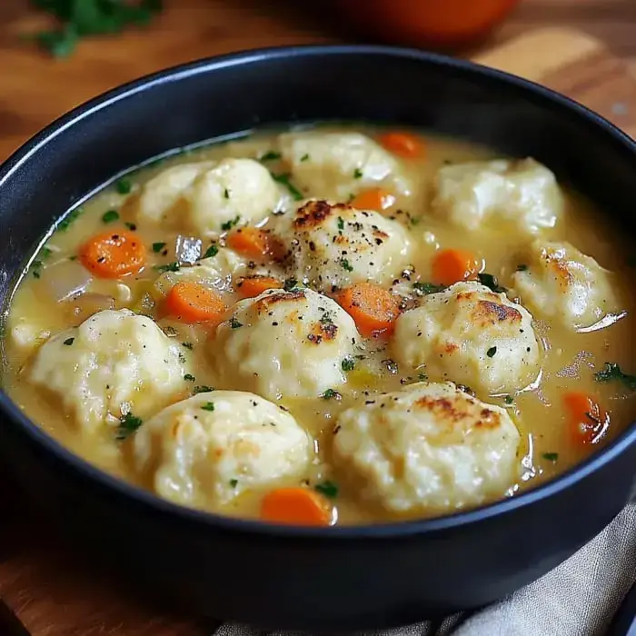 A black bowl filled with dumplings, carrots, and herbs in a savory broth.