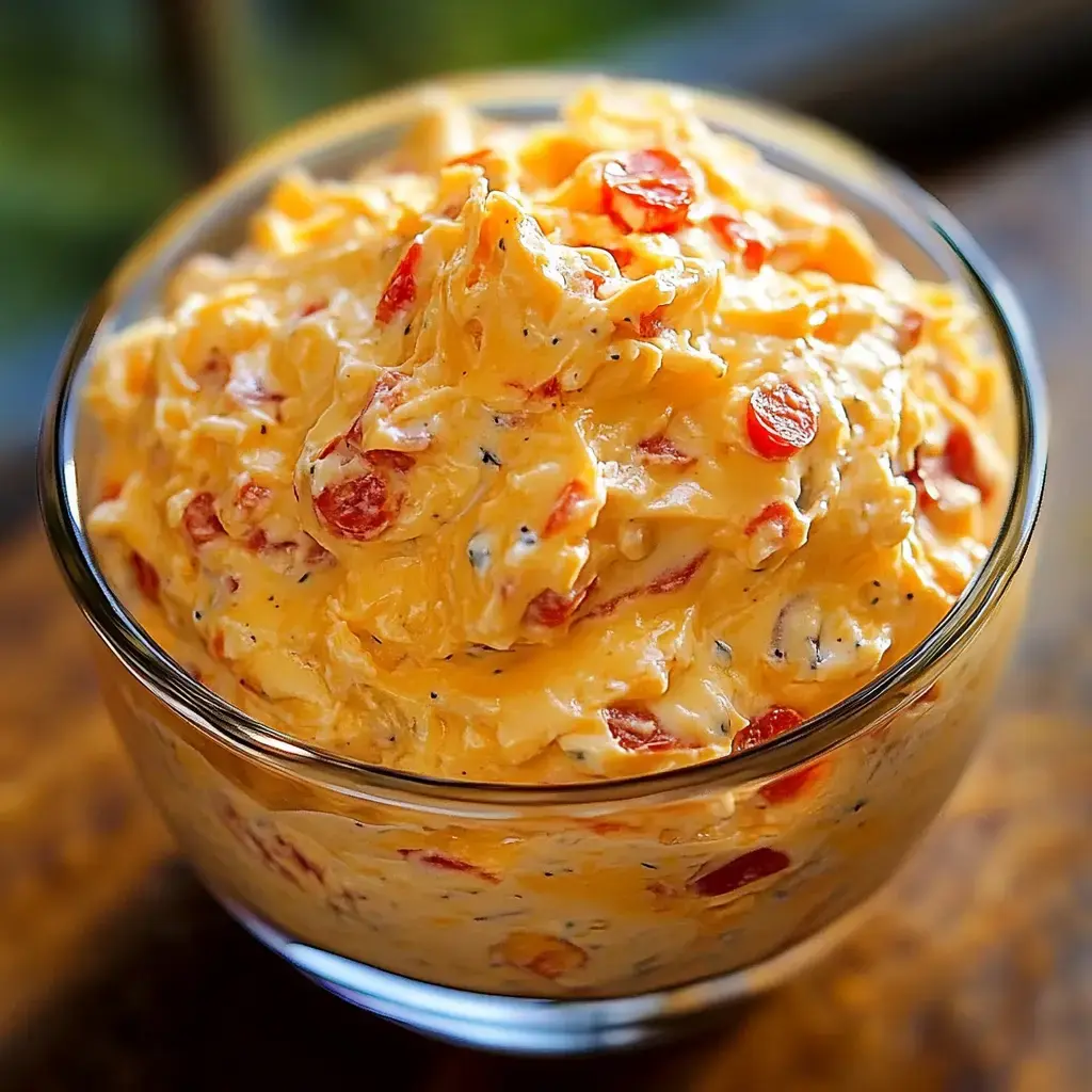 A glass bowl filled with a creamy, orange cheese spread mixed with red pepper pieces.