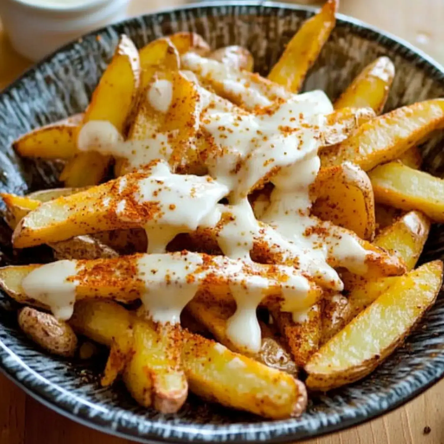 A bowl of golden brown potato wedges topped with creamy sauce and sprinkled with chili powder.