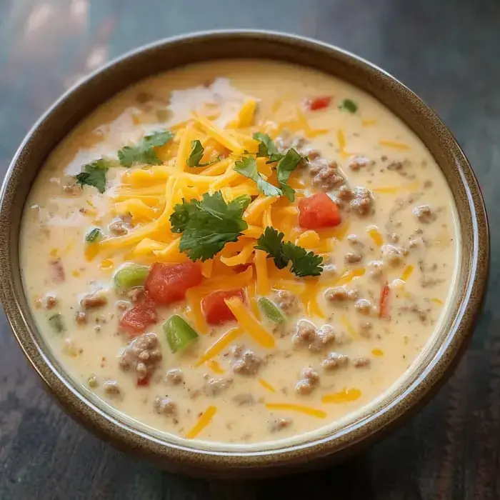 A bowl of creamy soup topped with shredded cheese, diced tomatoes, green peppers, and fresh cilantro.