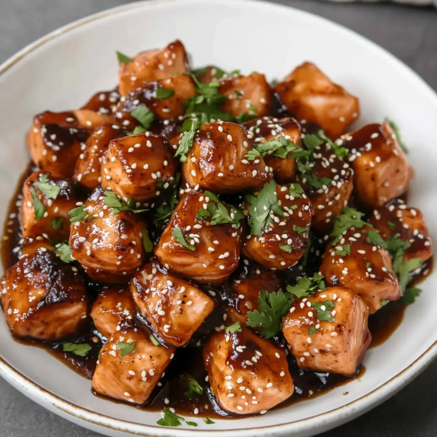 A bowl of glazed, cubed salmon garnished with sesame seeds and fresh cilantro.