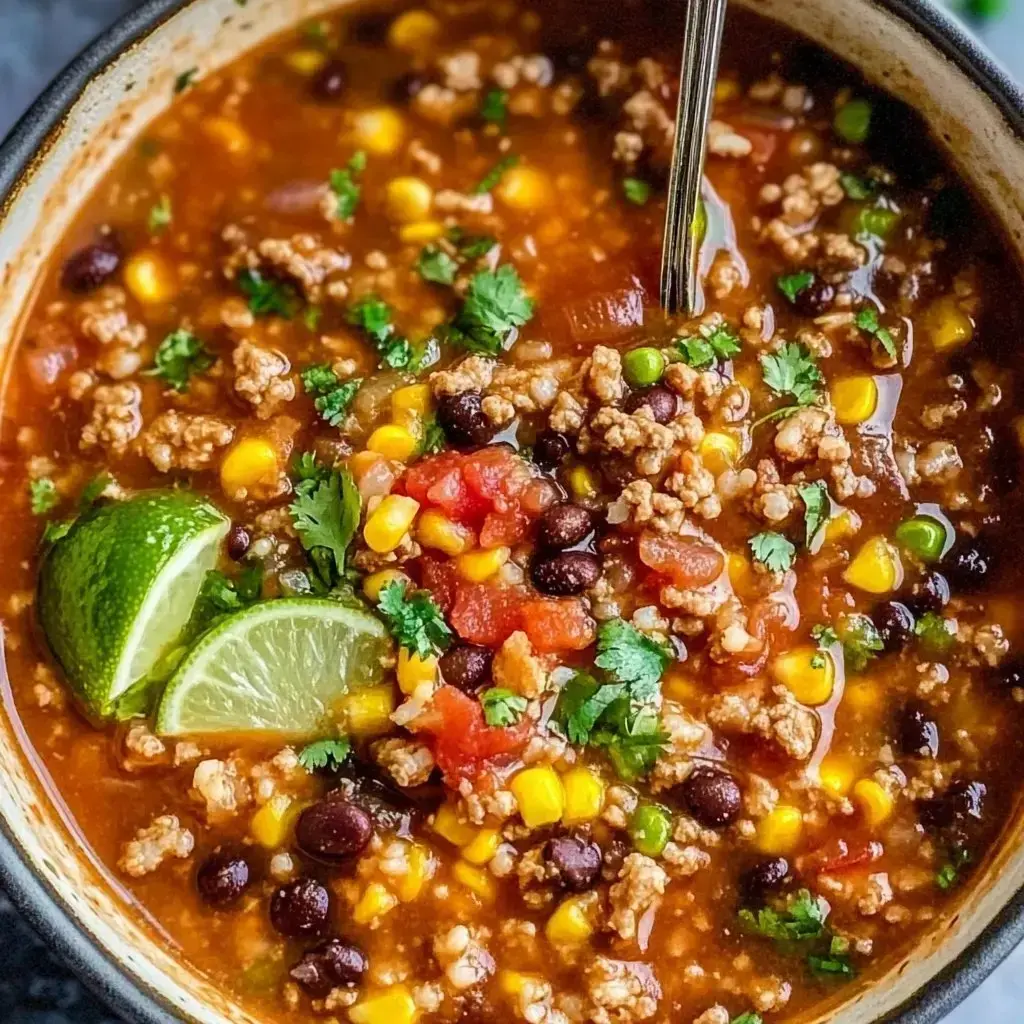 A bowl of hearty chili filled with ground meat, black beans, corn, tomatoes, and garnished with cilantro and lime wedges.