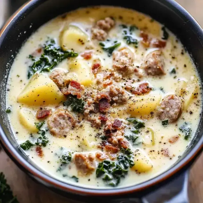 A close-up view of a creamy soup in a black bowl, featuring potatoes, kale, sausage, and bits of bacon, garnished with black pepper.