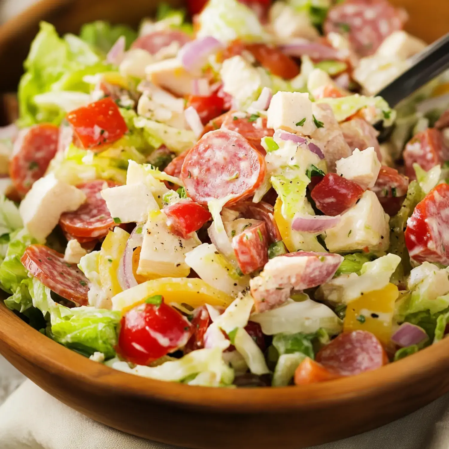 A close-up of a fresh salad featuring mixed greens, diced tomatoes, sliced salami, chicken, and bell peppers in a wooden bowl.