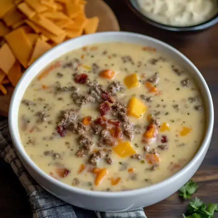 A creamy soup with ground beef, cheese, and diced vegetables, served in a white bowl, accompanied by cheese slices on the side.