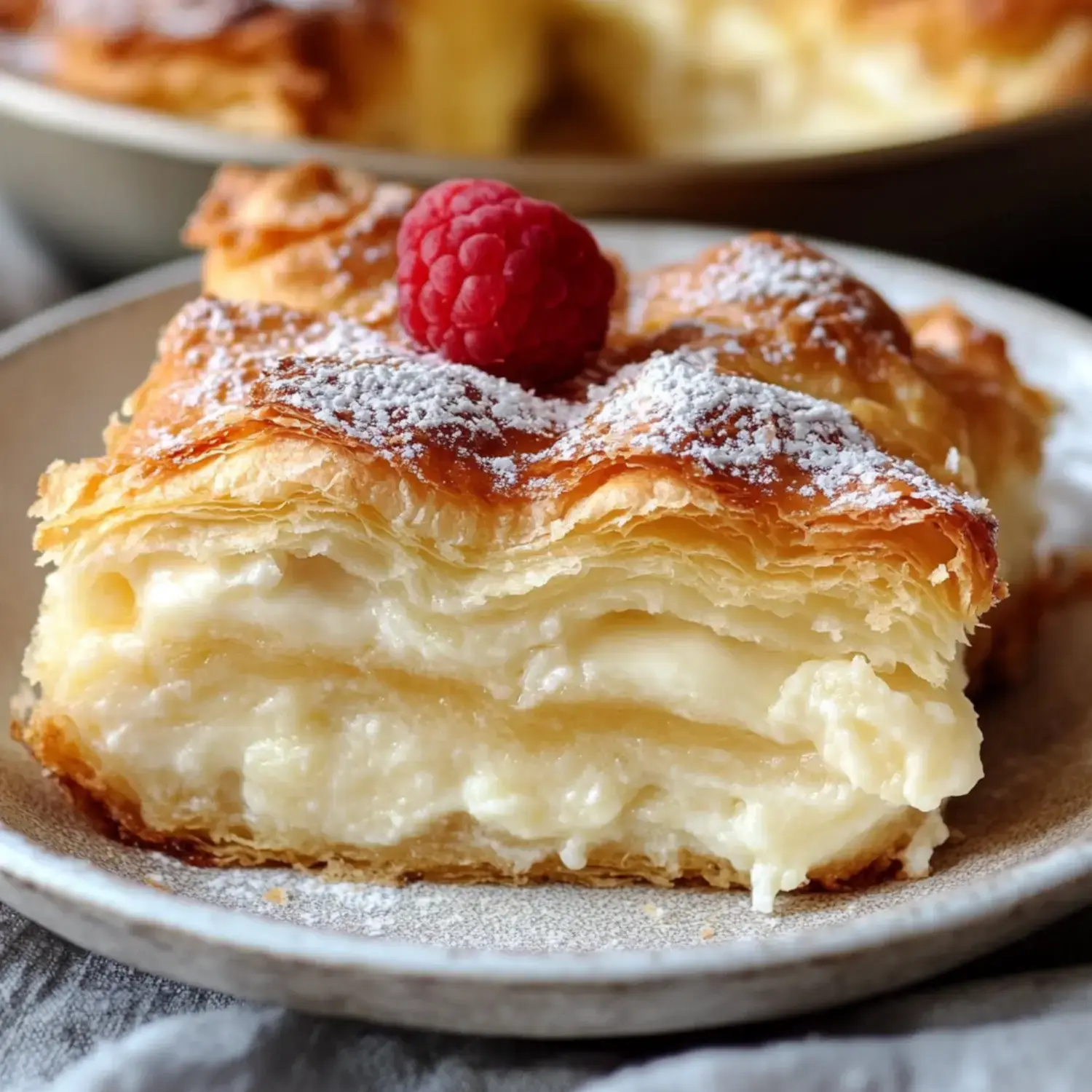 A slice of creamy pastry topped with powdered sugar and a raspberry, served on a plate.