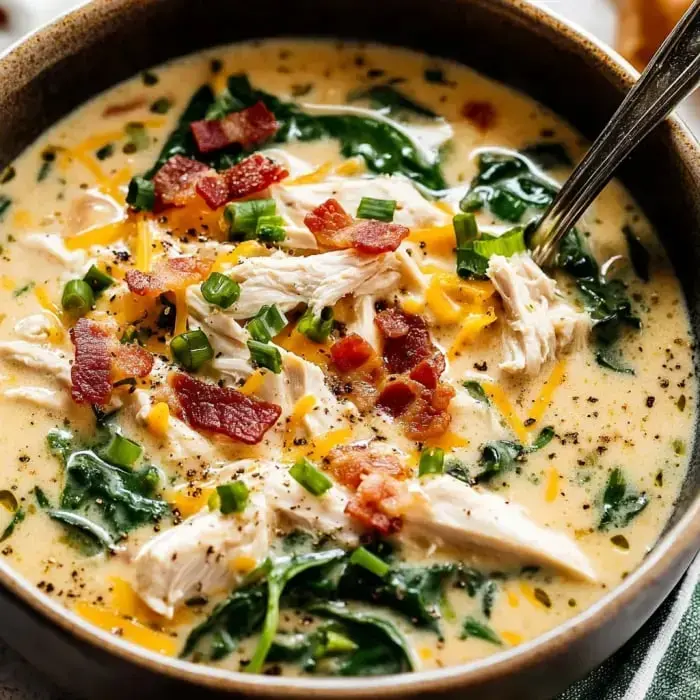 A close-up of a hearty chicken soup featuring spinach, shredded chicken, bits of bacon, green onions, and a creamy broth sprinkled with black pepper.