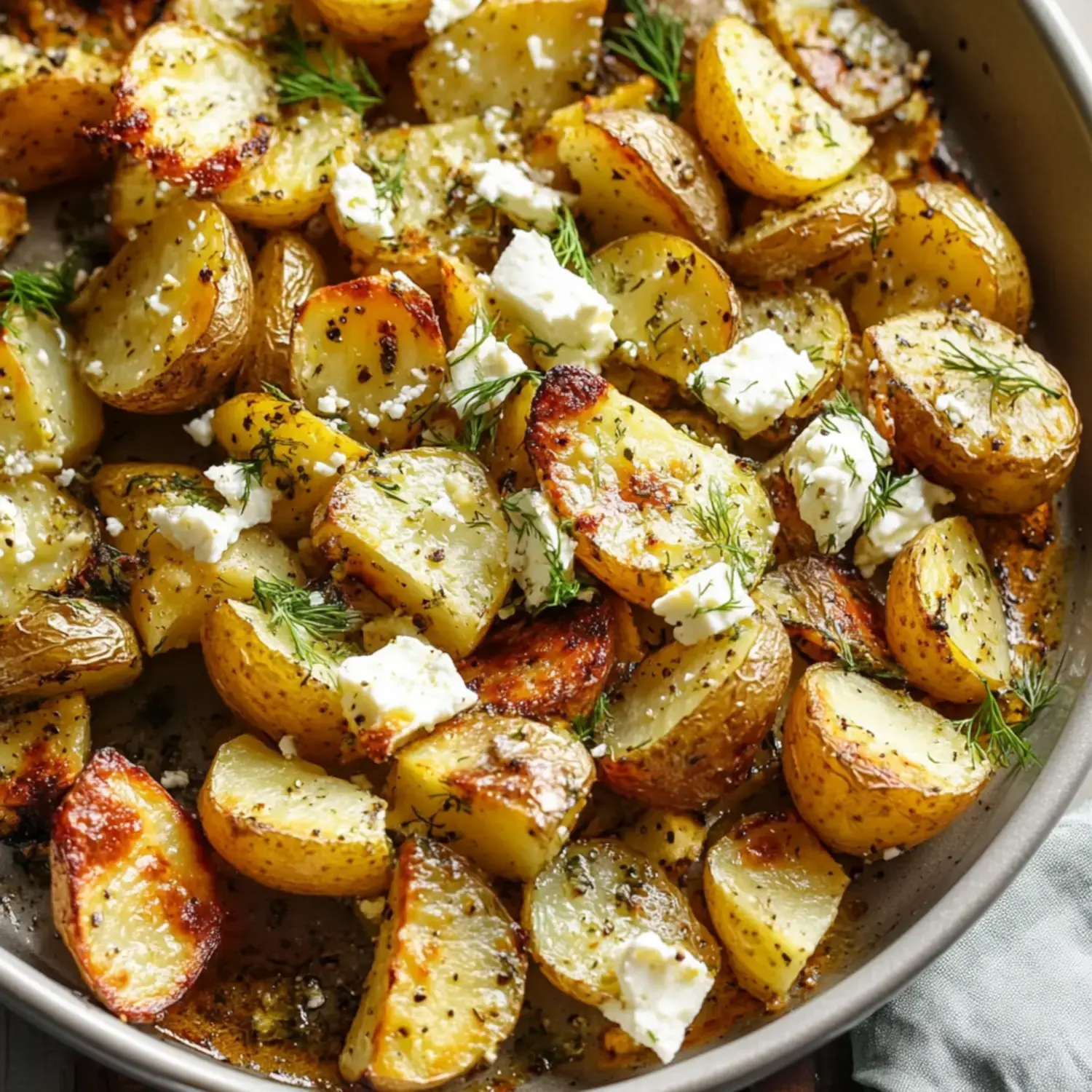 A close-up view of roasted golden potatoes topped with herbs and crumbled feta cheese in a large skillet.