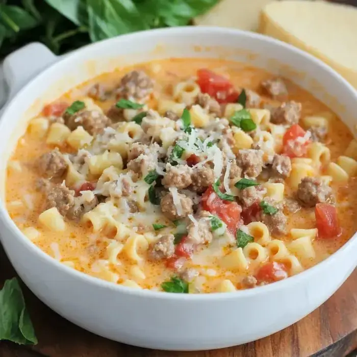 A creamy pasta soup topped with ground sausage, diced tomatoes, and fresh herbs, served in a white bowl.