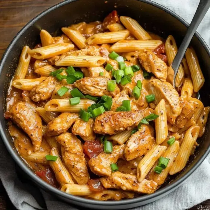 A bowl of creamy pasta featuring penne, sautéed chicken pieces, diced tomatoes, and topped with chopped green onions.