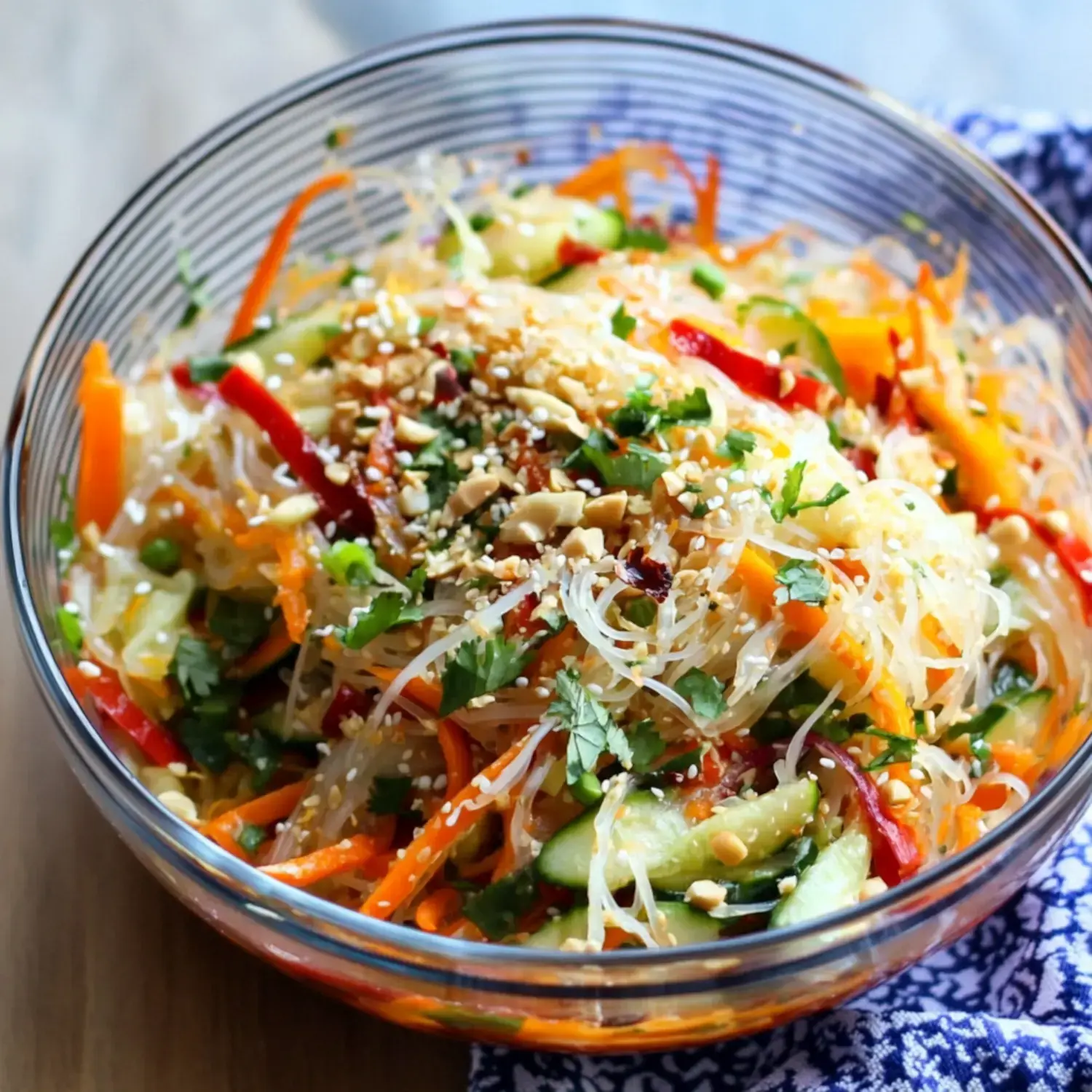 A colorful salad made with glass noodles, mixed vegetables, and topped with chopped peanuts and sesame seeds in a clear bowl.