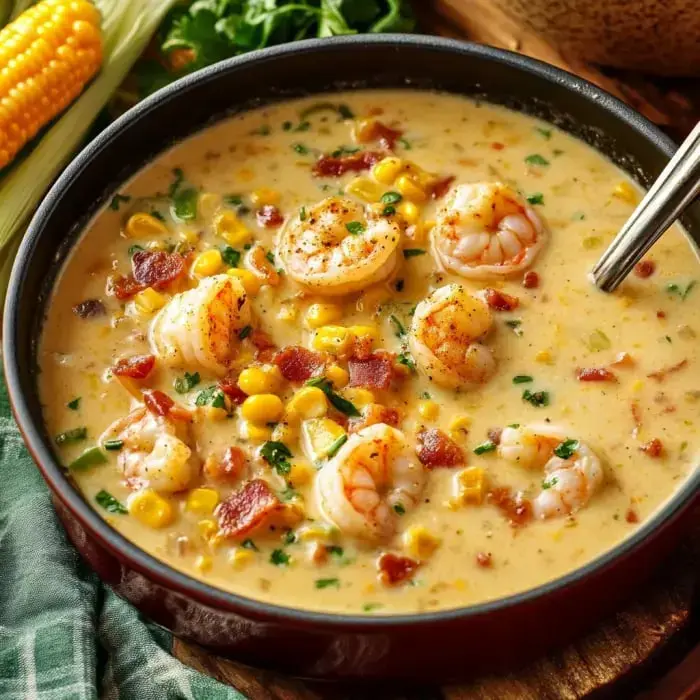 A bowl of creamy shrimp and corn chowder with bits of bacon and garnished with herbs, accompanied by fresh corn and celery.