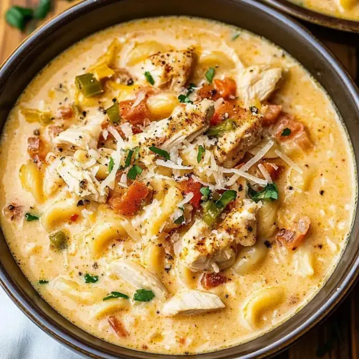 A creamy bowl of pasta soup topped with shredded chicken, diced tomatoes, green peppers, and sprinkled with cheese and herbs.